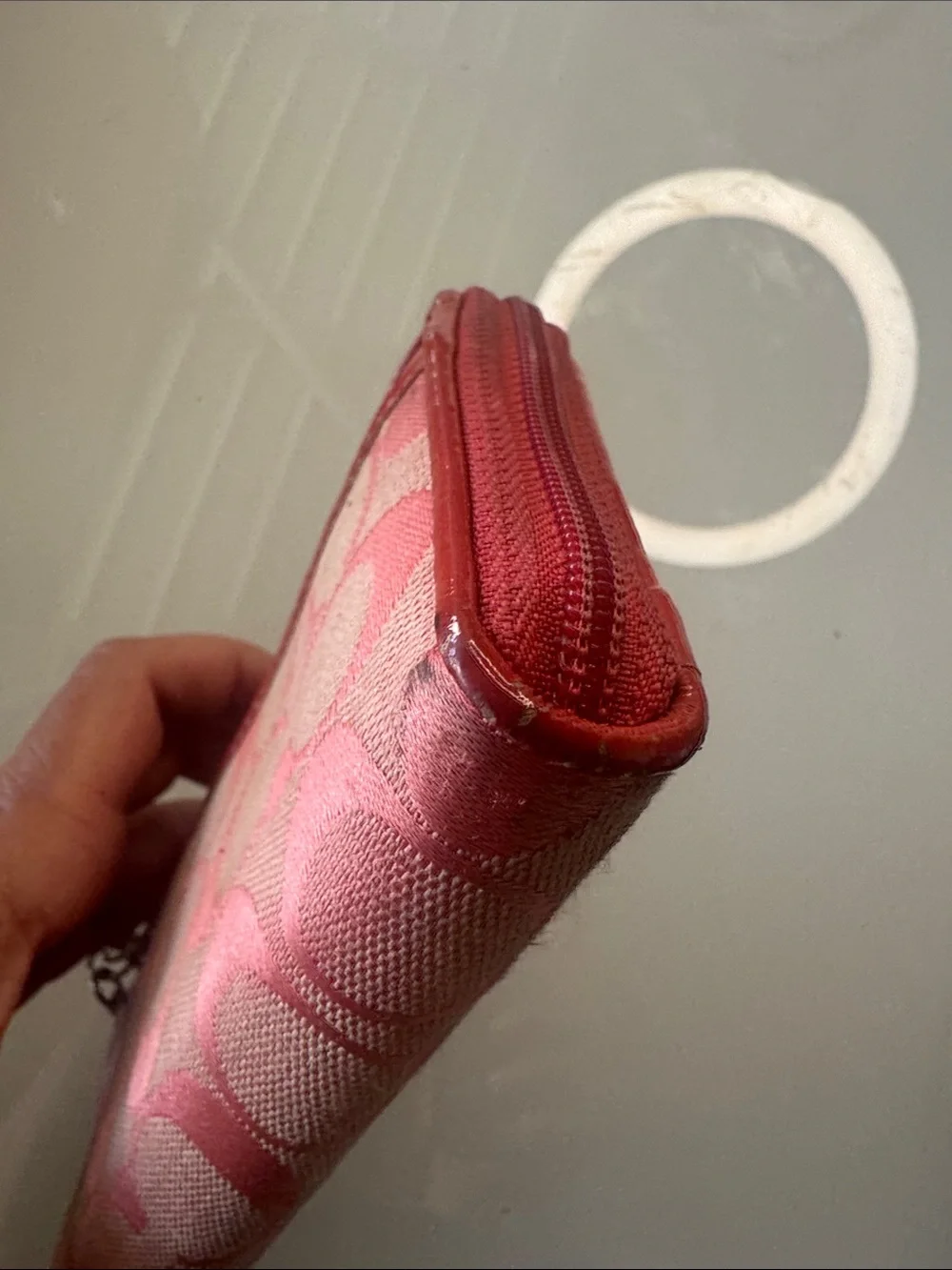 Coach Signature Zip Around Wallet in Pink and Pink Trim